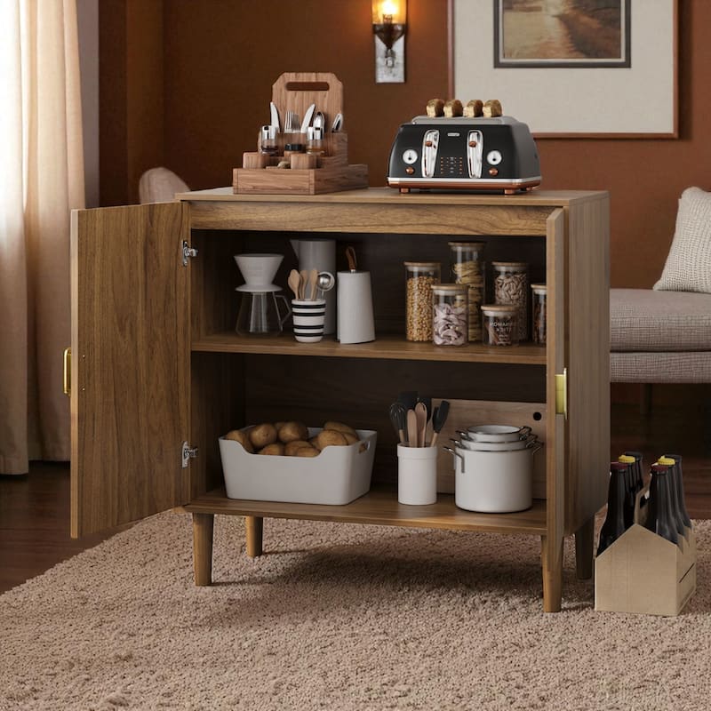 Walnut Wood Buffet Cabinet with Line Groove Design, Adjustable Shelves & Large Storage for Dining, Kitchen, Office