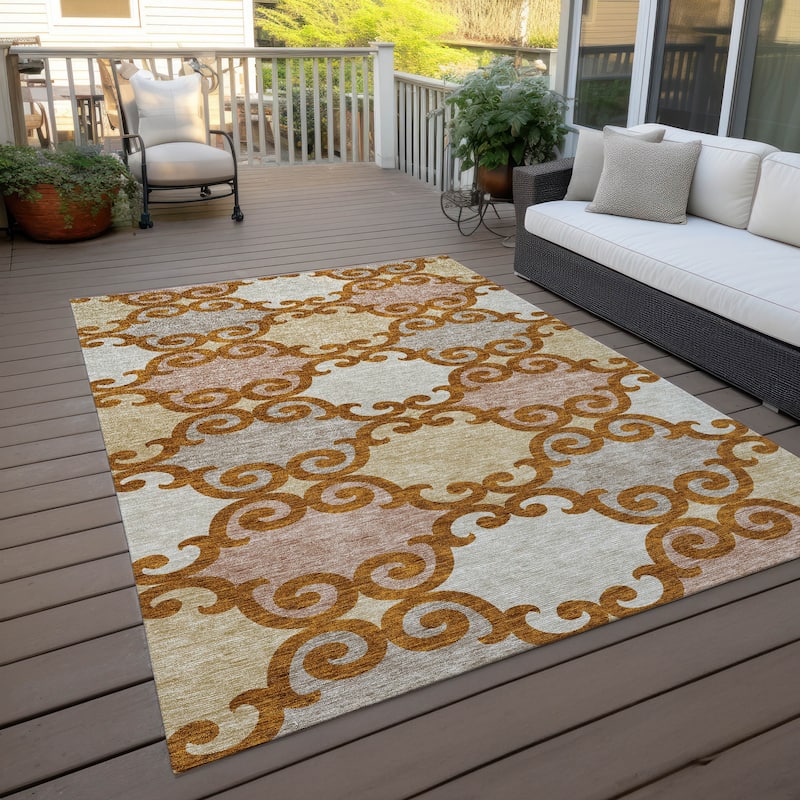 Machine Washable Indoor/ Outdoor Chantille Scroll Rug - Terracotta - 10' x 14'