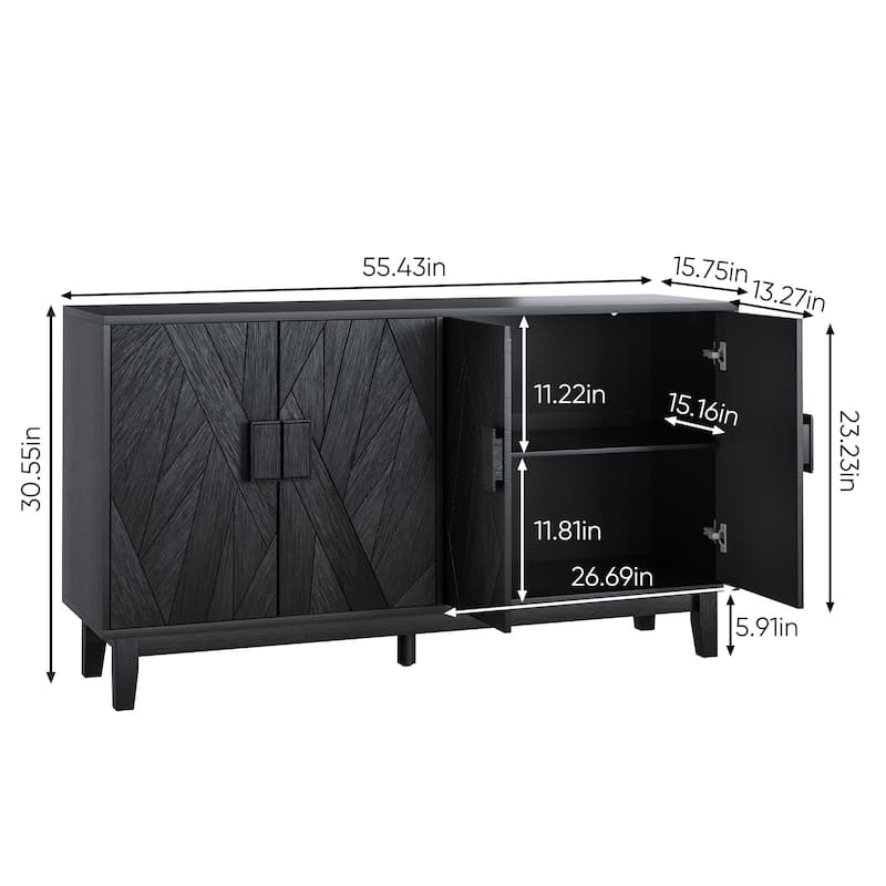All Black Sideboard Cabinet with Storage, Accent 4-Door Wood Console