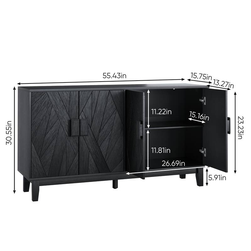 Roomfitters Modern Sideboard Buffet Cabinet with Geometric Textured Doors, 4-Door Storage Credenza Organizer, Black