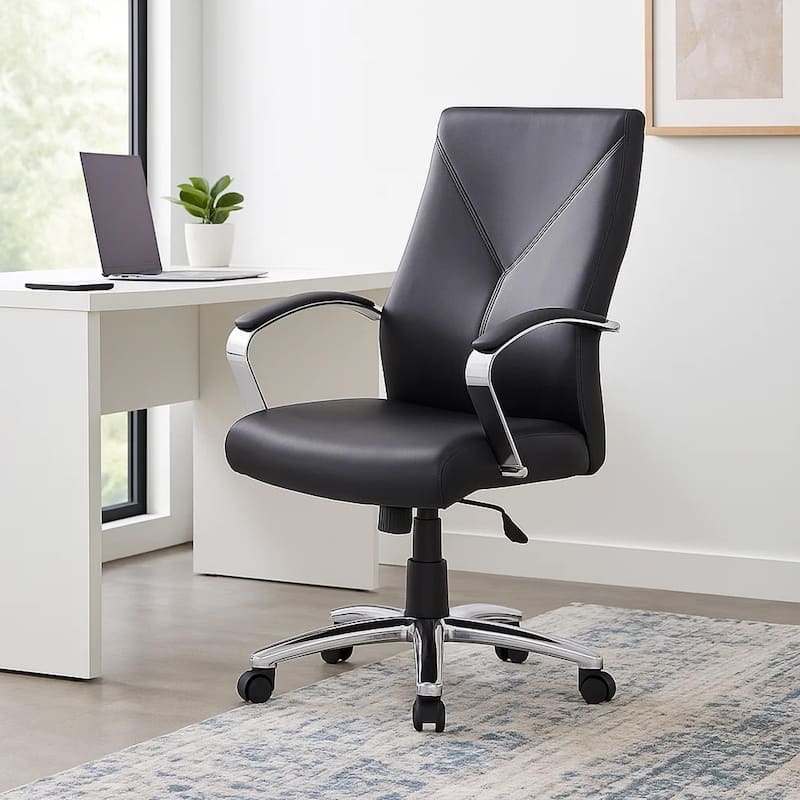 Roe Executive Swivel Chair, High Back Black Faux Leather, Chrome Metal