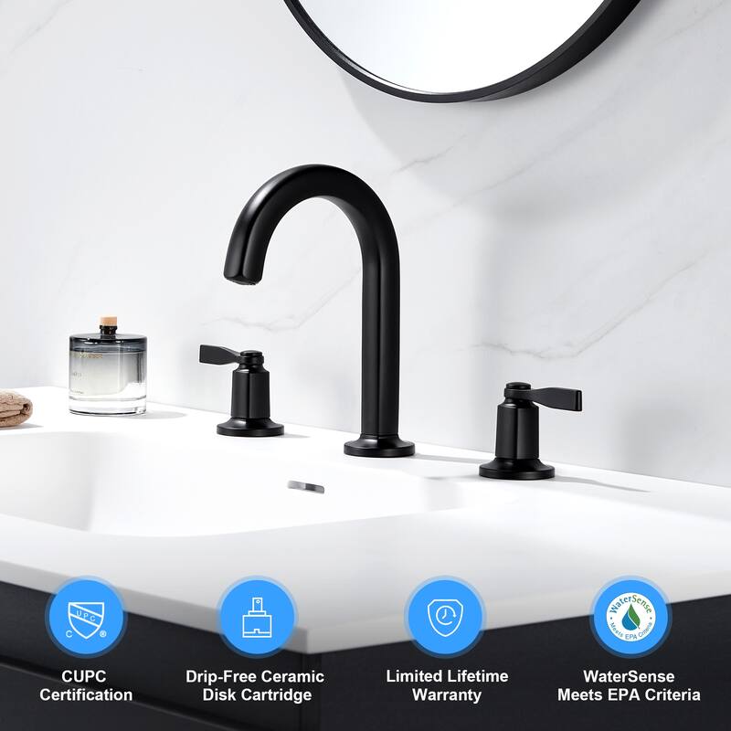 Luxier Larko 8 in. Widespread 2-Handle Bathroom Faucet with Drain - Matte Black