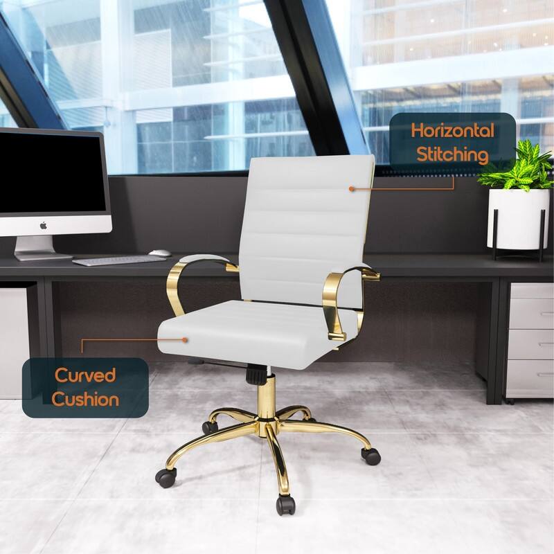 Benmar Mid-Back Leather Office Desk Chair in Gold Stainless Steel Frame Adjustable Height Tilt Lock 360 Swivel Ergonomic Chair