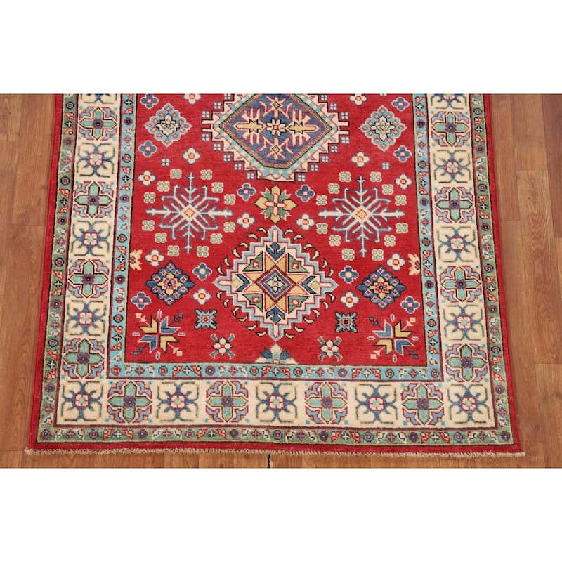 Geometric Red Kazak Oriental Area Rug Bedroom Hand-Knotted Wool Carpet - 3'11"x 6'0"
