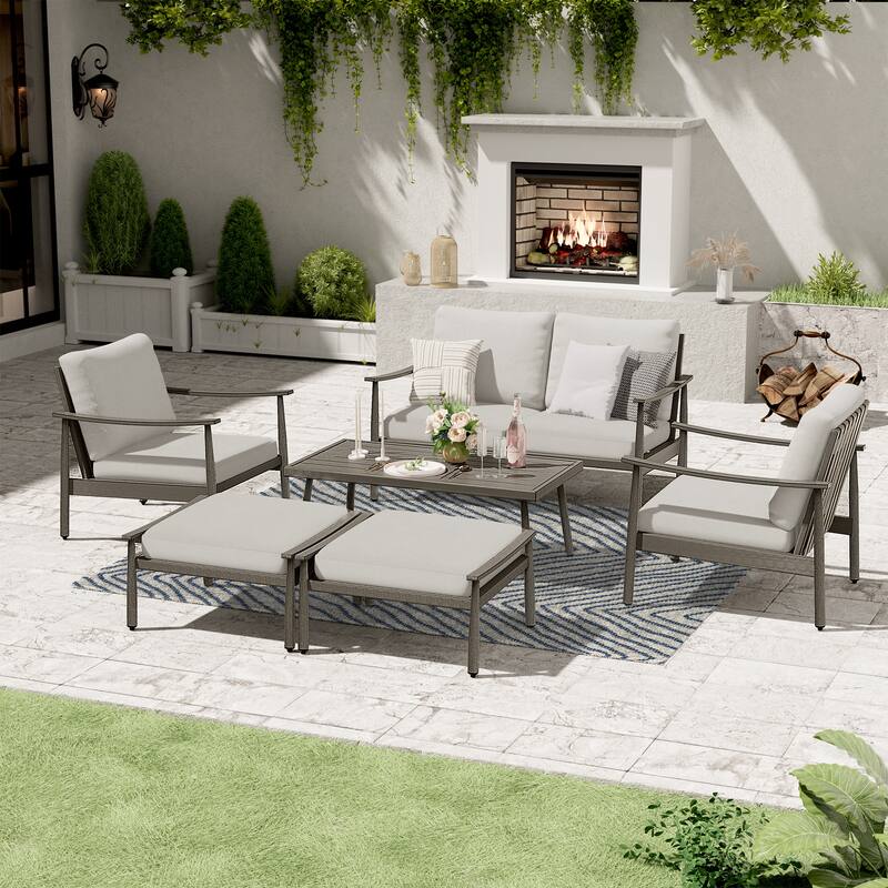 6-Piece Aluminum Patio Conversation Set, 2-Seat Outdoor Couch with Coffee Table and Cushions