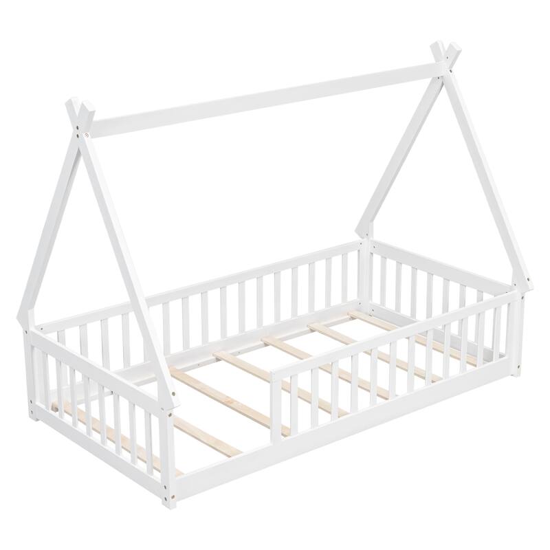Tent-Shaped Twin Size Floor Bed with Fence and Guardrails, Pine Wood Construction