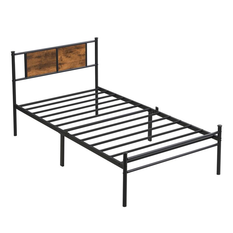 Twin Size Metal Bed Frame with Wood Headboard, Black