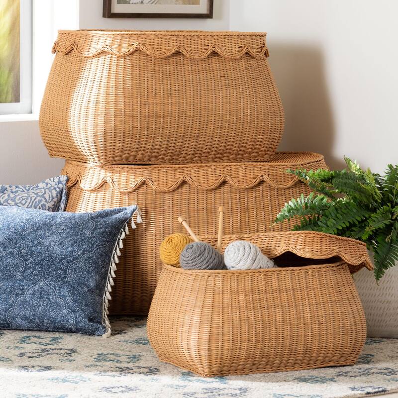 Ayleen Natural Rattan Basket Set with Scalloped Lids - Handwoven Wicker Storage Boxes, Boho Coastal Home Décor, 3-Piece Set