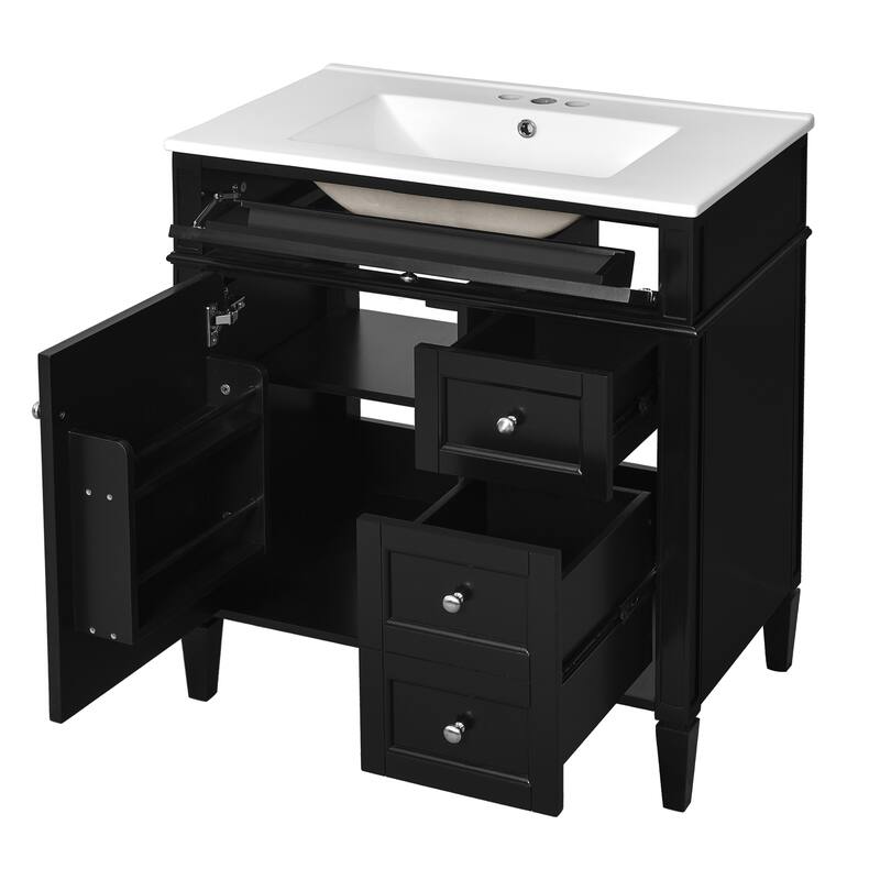 GDFStudio - Caldwell Modern Bathroom Vanity with Ceramic Sink, 2 Storage Drawers and Tip-Out Organizer - 30'W