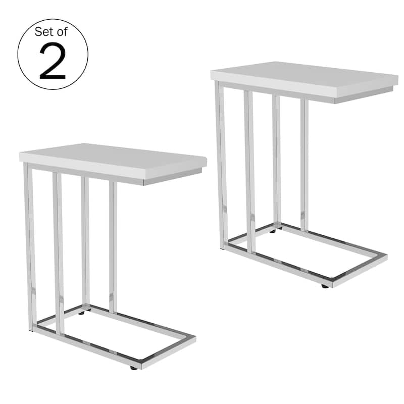 Lavish Home Laminated Board Top C Side Table - 2-pieces - Chrome Metal Base with Glossy White Wood 