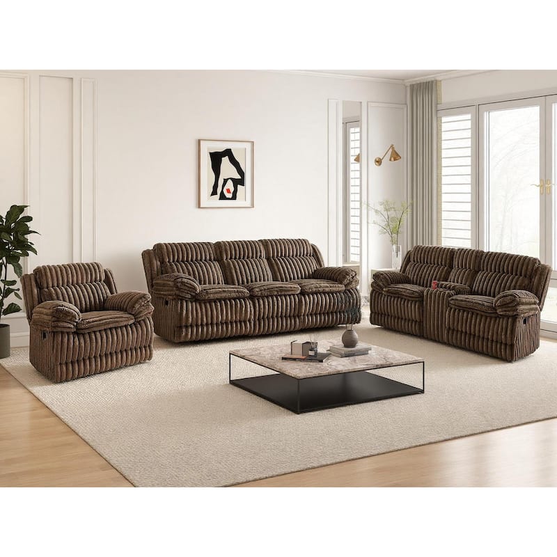 Roundhill Furniture Ardello 3-Piece Reclining Sofa Set, Corduroy Upholstery with Built-In Power Center, Chocolate