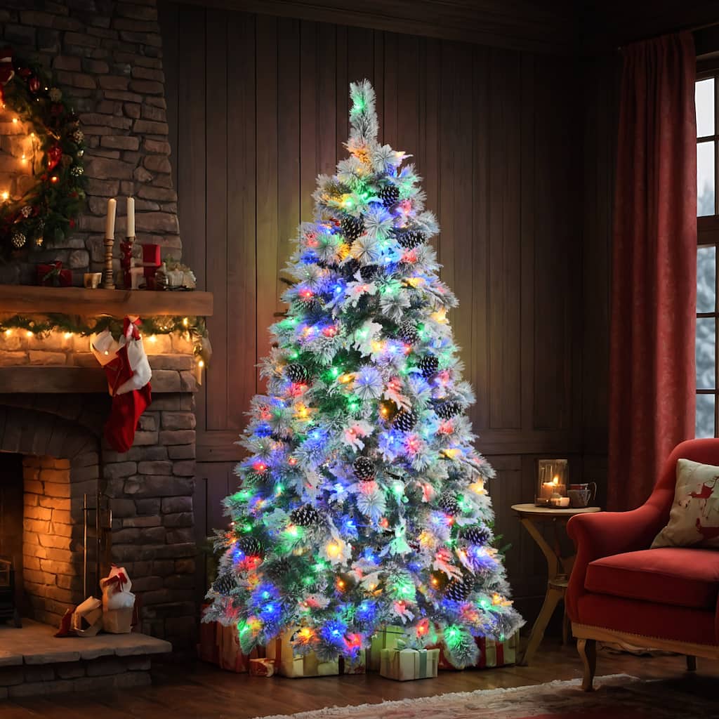 6FT Snow Flocked Spruce Christmas Tree with Pine Cones, 250 LED Lights, 11 Modes, Mixed PE & PVC Branches