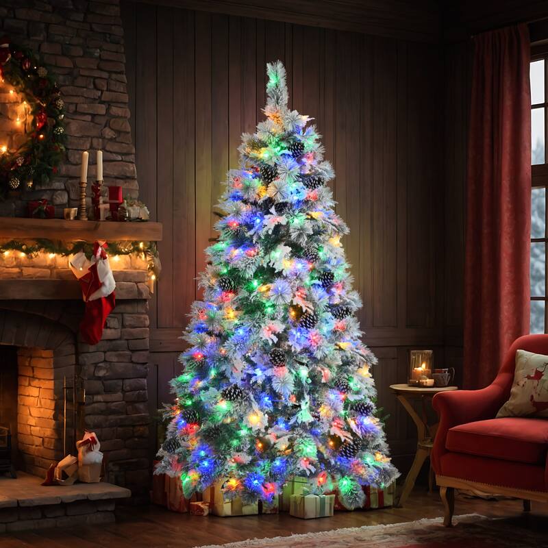 Pre-Lit Snow Flocked Spruce Tree - Mixed PE & PVC Branches, Multi-Color LED Lights, Pine Cones - White+Green