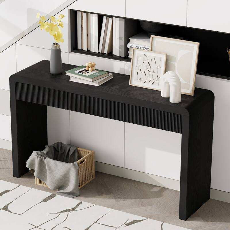 Rustic Solid Wood Console Table with 3 Fluted Drawers and Natural Wood Grain