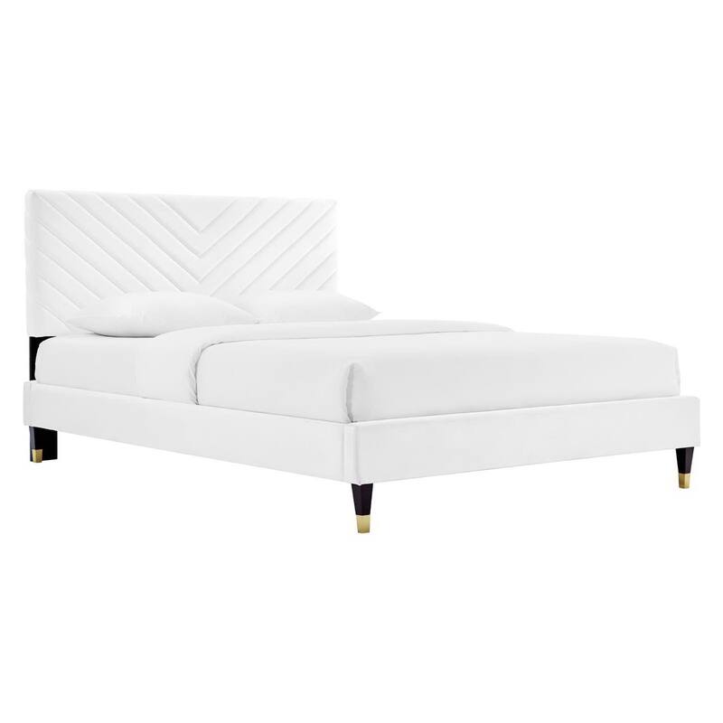 Roxanne Performance Velvet Platform Bed With Wood and Gold Legs