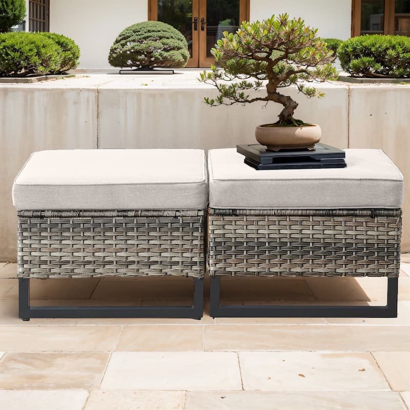 Gymojoy Outdoor Wicker Ottomans with Olefin Cushions - 2-Piece - Grey Wicker / Beige Cusion