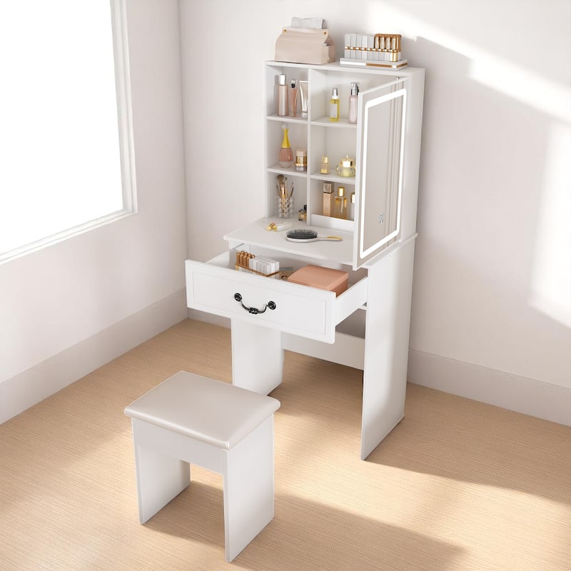 Mini Makeup Vanity with LED Lighted Mirror - Hidden Storage, Stool, 3 Light Modes, Multi-Tier Shelves
