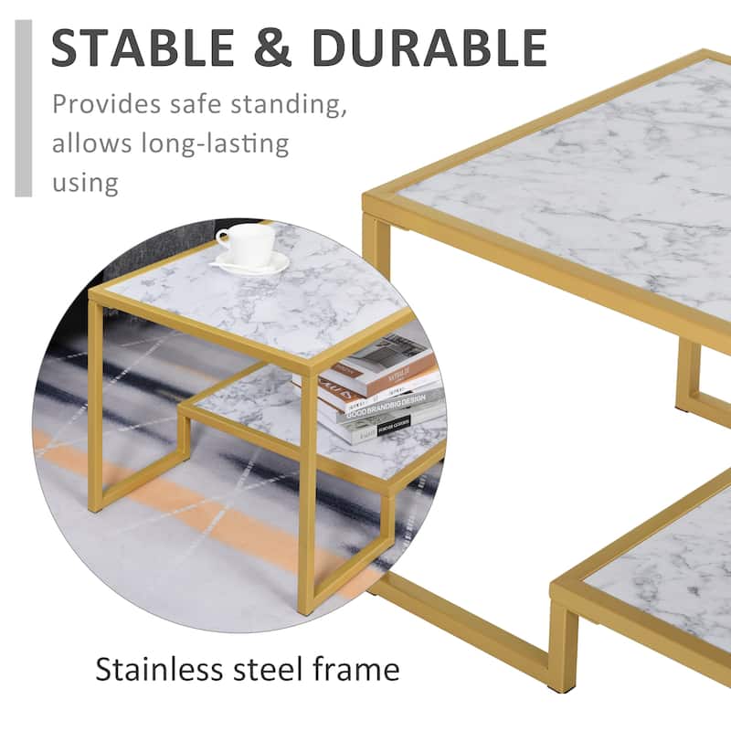 HOMCOM Minimalist Art Deco Coffee Table with Laminate Marble Print Table Top & Underneath Storage Shelf, White & Gold