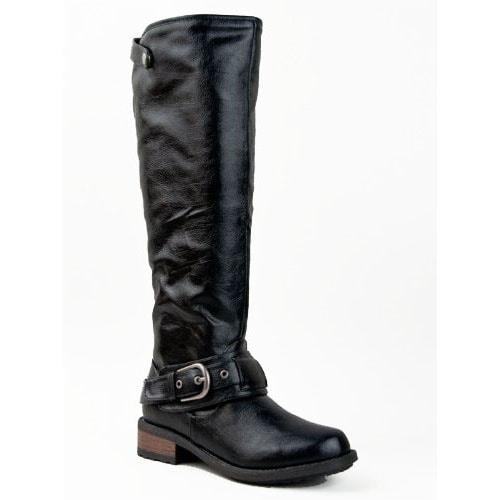 Qupid Relax-39 Basic Casual Knee High Stacked Heel Buckle Riding Boot