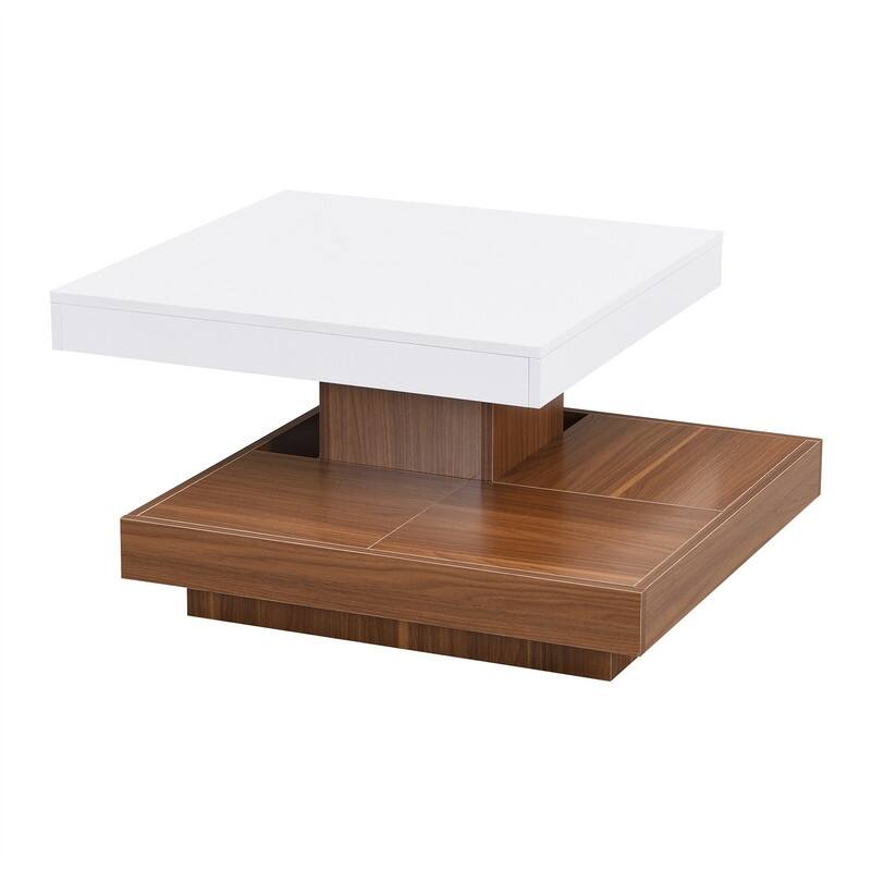 Modern Square 360° Rotating Coffee Table with 3 Detachable Tray, 2-Tier Center Table Cocktail Table with Storage for Living Room