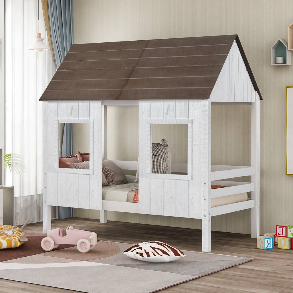 Nestfair Twin Size Low Loft Wood House Bed with Two Front Windows ...