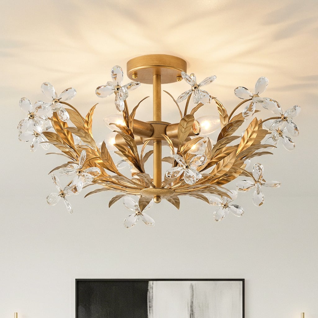 24" Distressed Gold 4-Light Crystal Flower Bowl Semi Flush Mount Ceiling Light