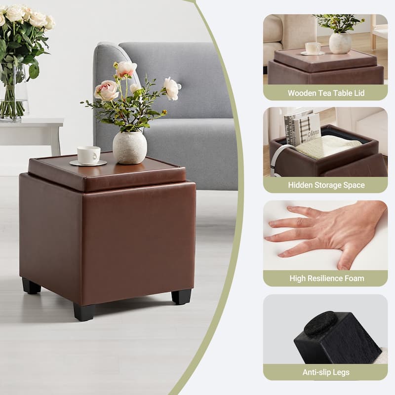 RENEWLINE ​18" Square Storage Ottoman with Tray - 250LBS Weight Capacity, Leather Upholstered Footstool for Living Room