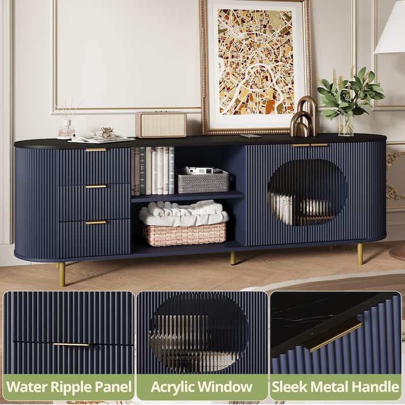 65 Inch Modern TV Stand, Fluted Media Console with Faux Marble Top