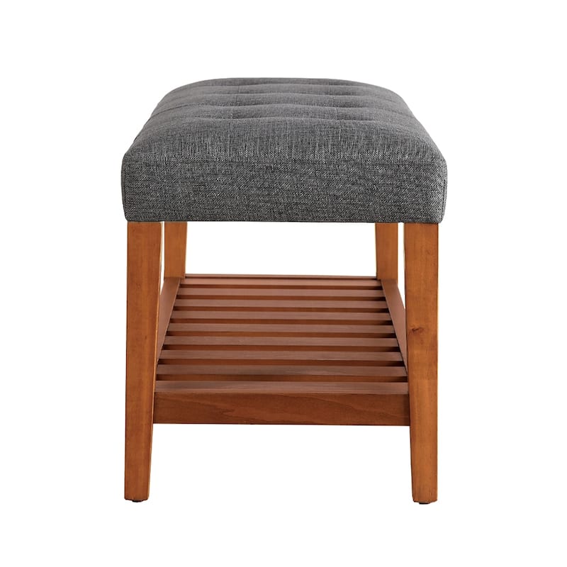 Fabric Upholstered Bench with Open Storage, Blue and Oak - Gray,Oak