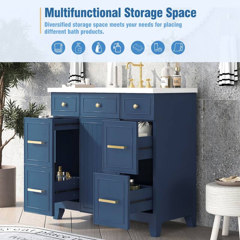 Transitional Bathroom Vanity w/ Sink Top Combo Set, Pullout Side