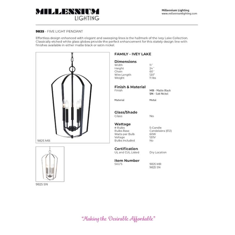 Millennium Lighting Ivey Lake 5 Light Chandelier in Multiple Finishes