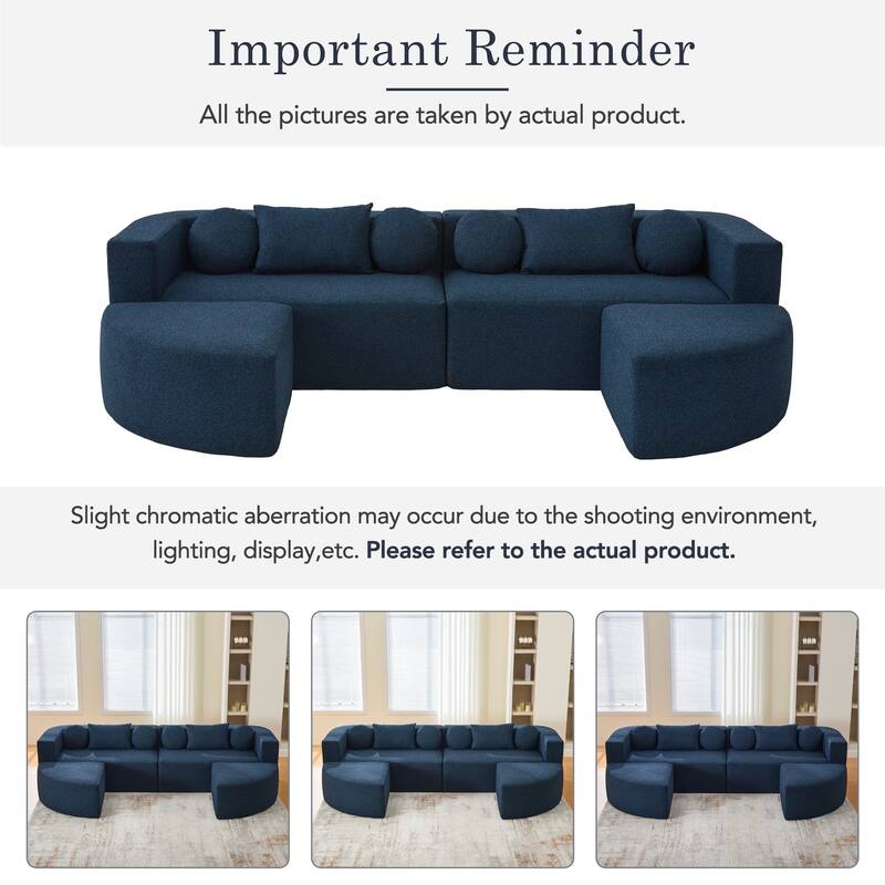 U-Shape Modular Sectional Sofa, Boucle Upholstered Boneless Couch, Compression Sofa with 4 Throw Pillows & 2 Cushions