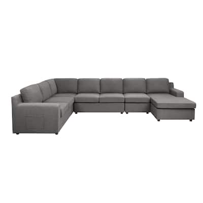 Cas Left Facing 7 Seater U Shaped Sectional Sofa Chaise, Pocket, Gray