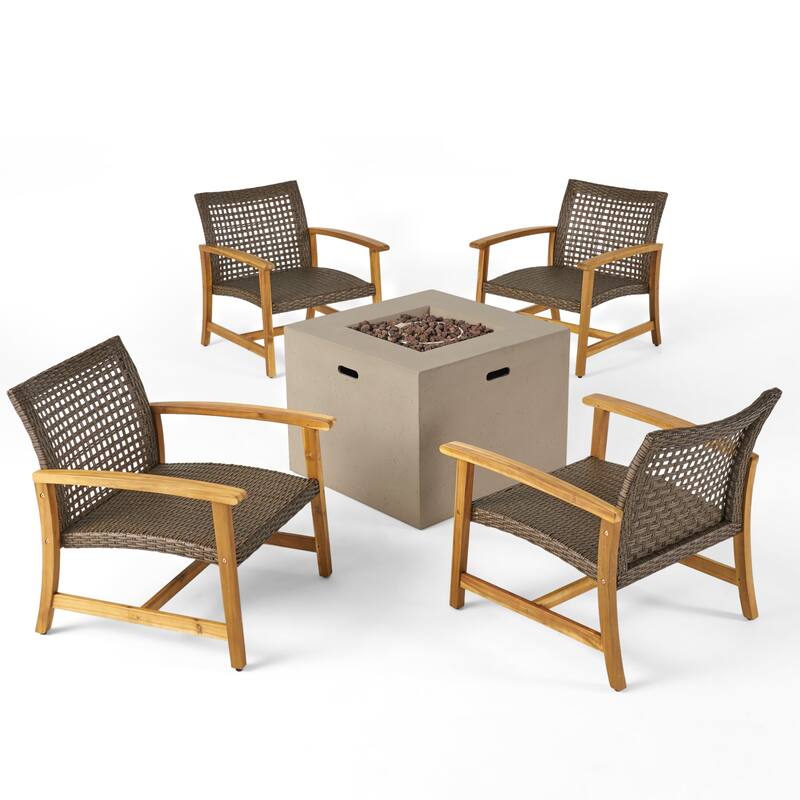 Augusta Outdoor 5 Piece Wood and Wicker Club Chairs and Fire Pit Set by Christopher Knight Home