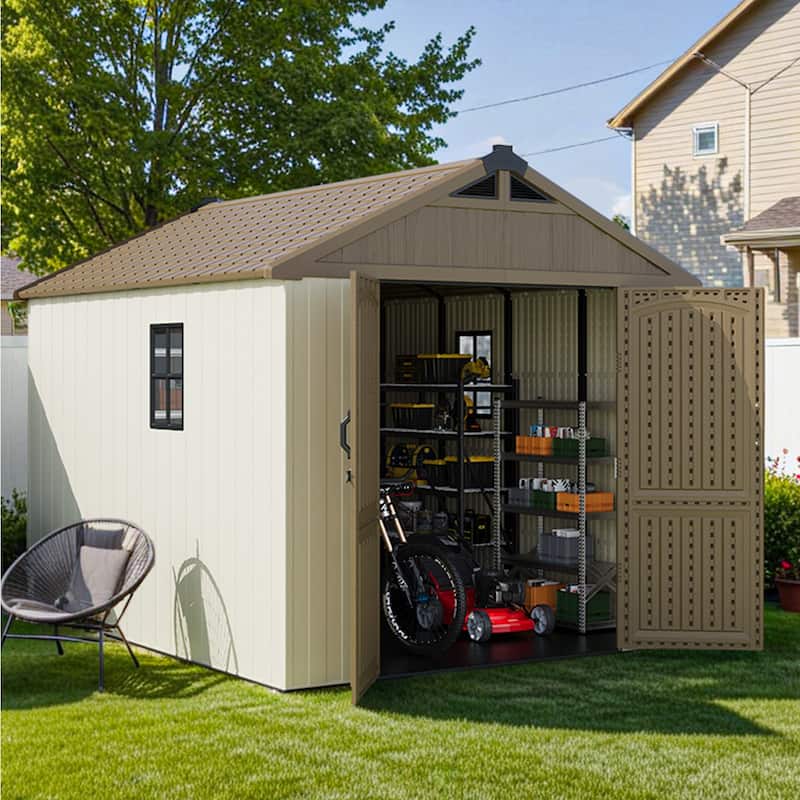 Patiowell 8' x 6' / 8' x 8' / 8' x 10 '/ 8' x 12' Plastic Outdoor Shed With Floor for Patio Furniture, Tools (Kick-It Shed)