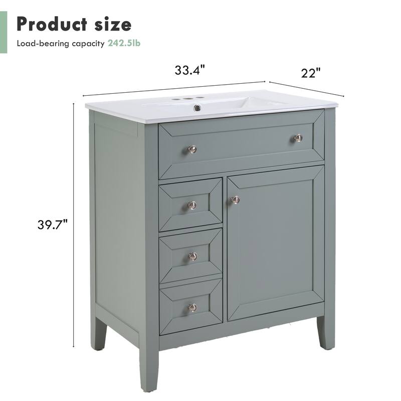 Solid Wood Bathroom Vanity with Ceramic Undermount Sink - 12" Soft-Close Drawer Slides, Flip Bin + Single Drawer