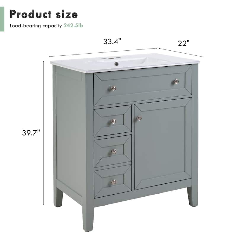 Solid Wood Bathroom Vanity with Ceramic Undermount Sink - 12" Soft-Close Drawer Slides