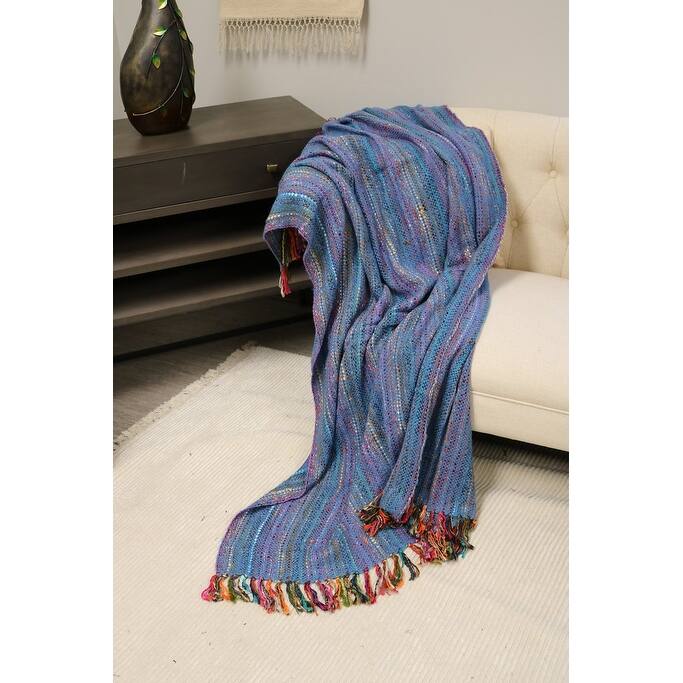 Home&Manor Handcrafted Wool & Cotton Throw Blanket Bright Blue