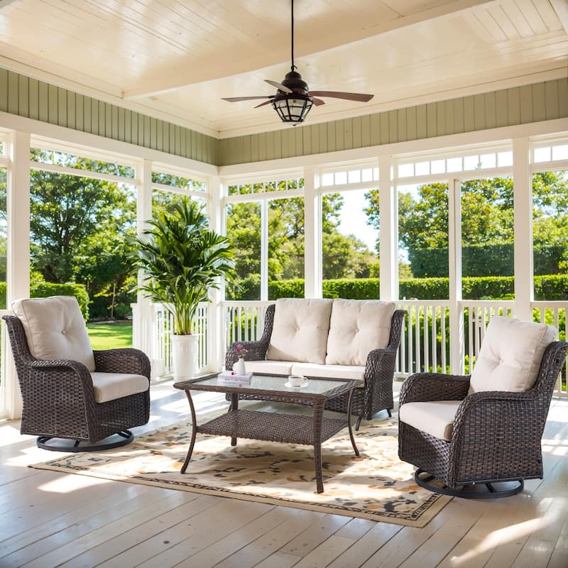 Patio Swivel Chair with Glider Loveseat Table - Beige cushion - Brown - Beige - Brown