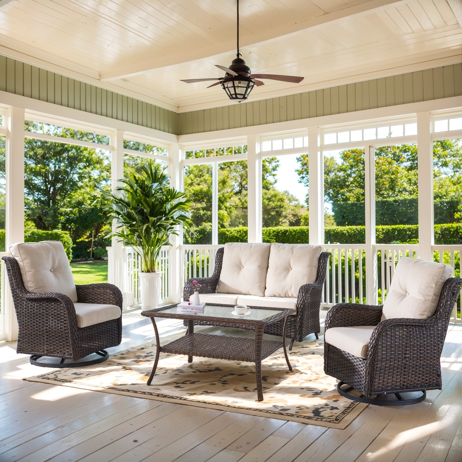Patio Swivel Chair with Glider Loveseat Table - Beige cushion - Brown