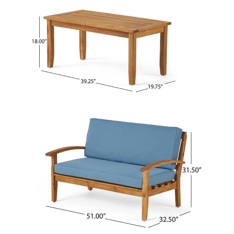 2-Piece Wood Outdoor Patio Loveseat with Coffee Table and Blue Cushion