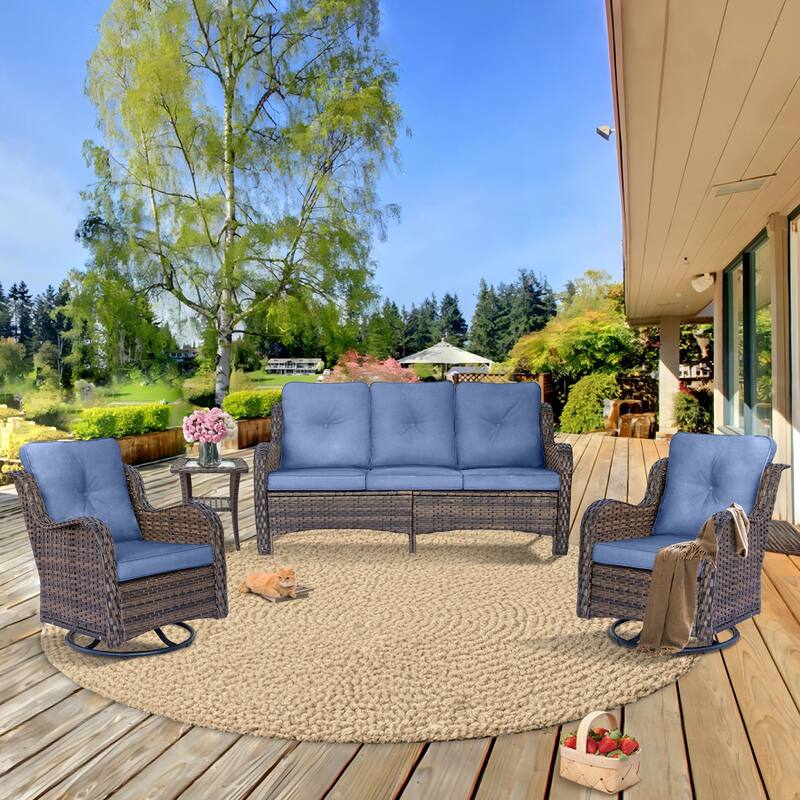 High Back 4-Piece Outdoor Wicker Patio Furniture Seating Sofa Set with Swivel Chairs - Denim Blue-Brown Wicker