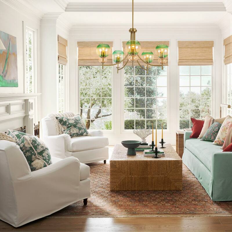 5-Light Mid-Century Modern Luxury Green Sputnik with Open/Bubble Glass Globe Shades Chandelier for Dining Room, Living Room