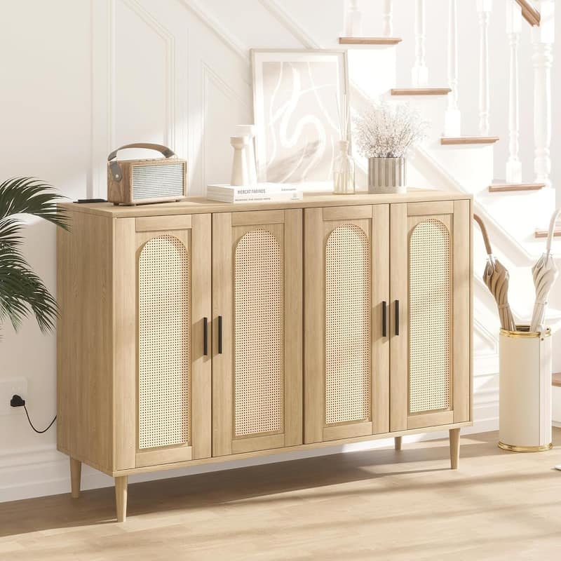 Rattan Sideboard Buffet Cabinet With Power Outlet, BOHO Wooden Side board With 4 Doors - Natural