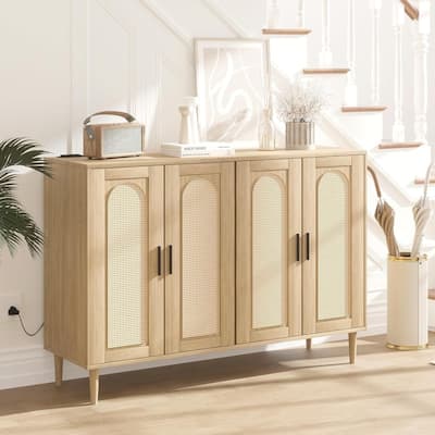 Rattan Sideboard Buffet Cabinet With Power Outlet, BOHO Wooden Side board With 4 Doors
