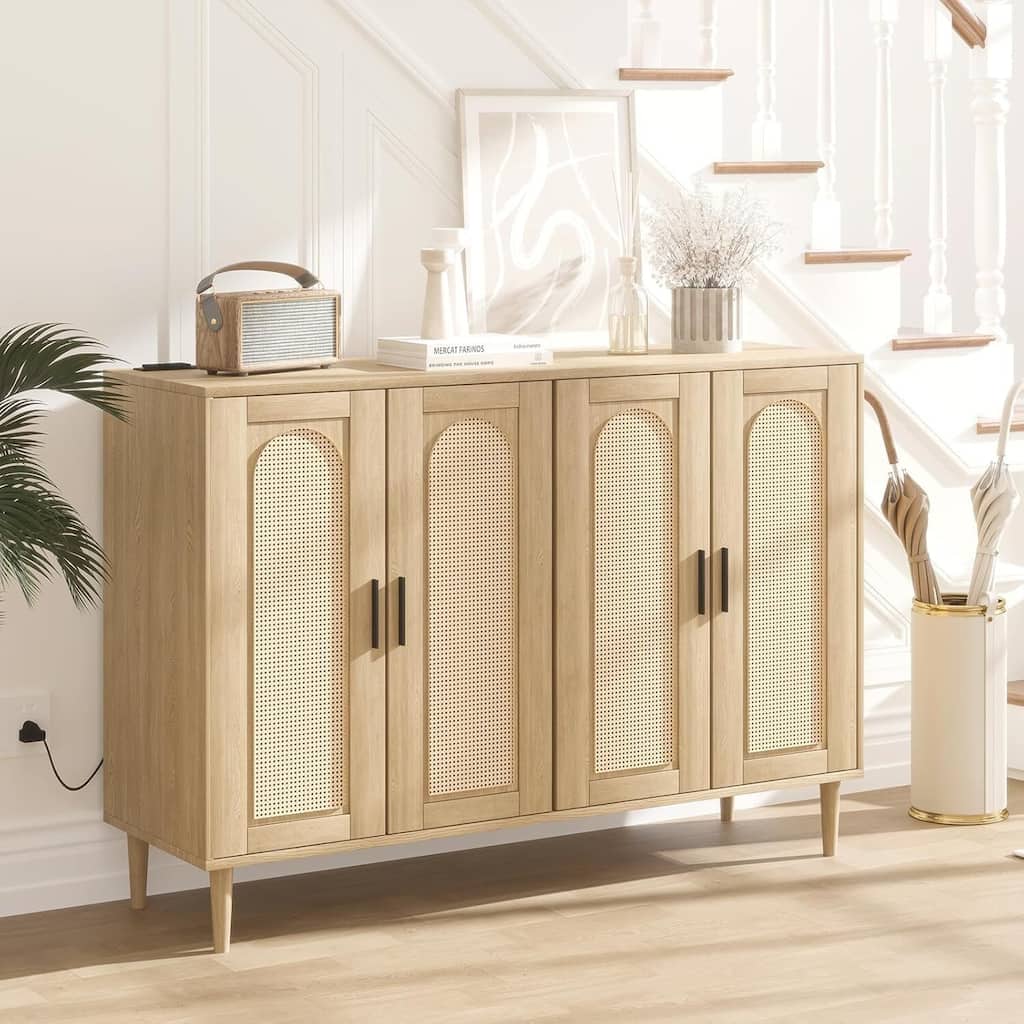 Rattan Sideboard Buffet Cabinet With Power Outlet, BOHO Wooden Side board With 4 Doors
