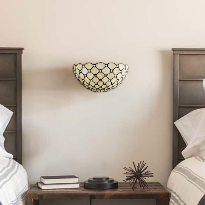 Anzio Tiffany Wall Sconce Antique Black & Art Stained Glass Shade with Crystal Beads