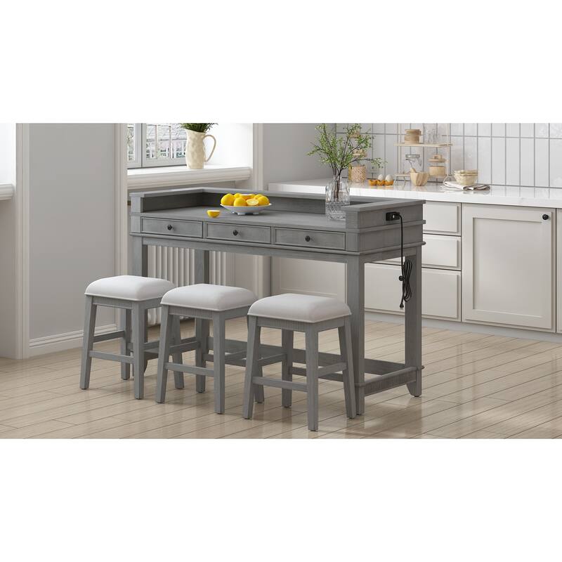 Roomfitters Kitchen Counter Height Bar Table Set, 3 Drawers, Pub Dining Furniture with Power Ports