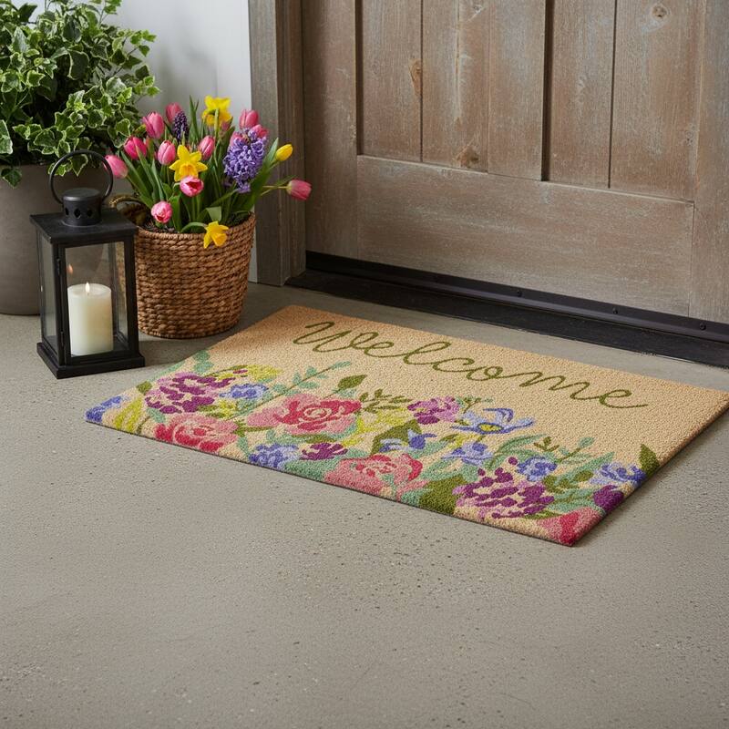 HomeRoots 18" X 30" Brown Green And Pink Floral Welcome Outdoor Coir Door Mat - 18.00' X '30.00 - 18.00' X '30.00
