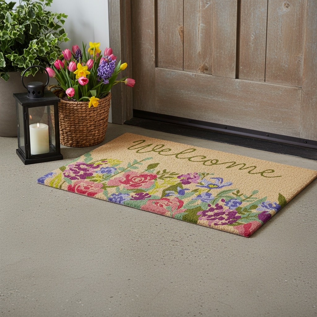 HomeRoots 18" X 30" Brown Green And Pink Floral Welcome Outdoor Coir Door Mat - 18.00' X '30.00